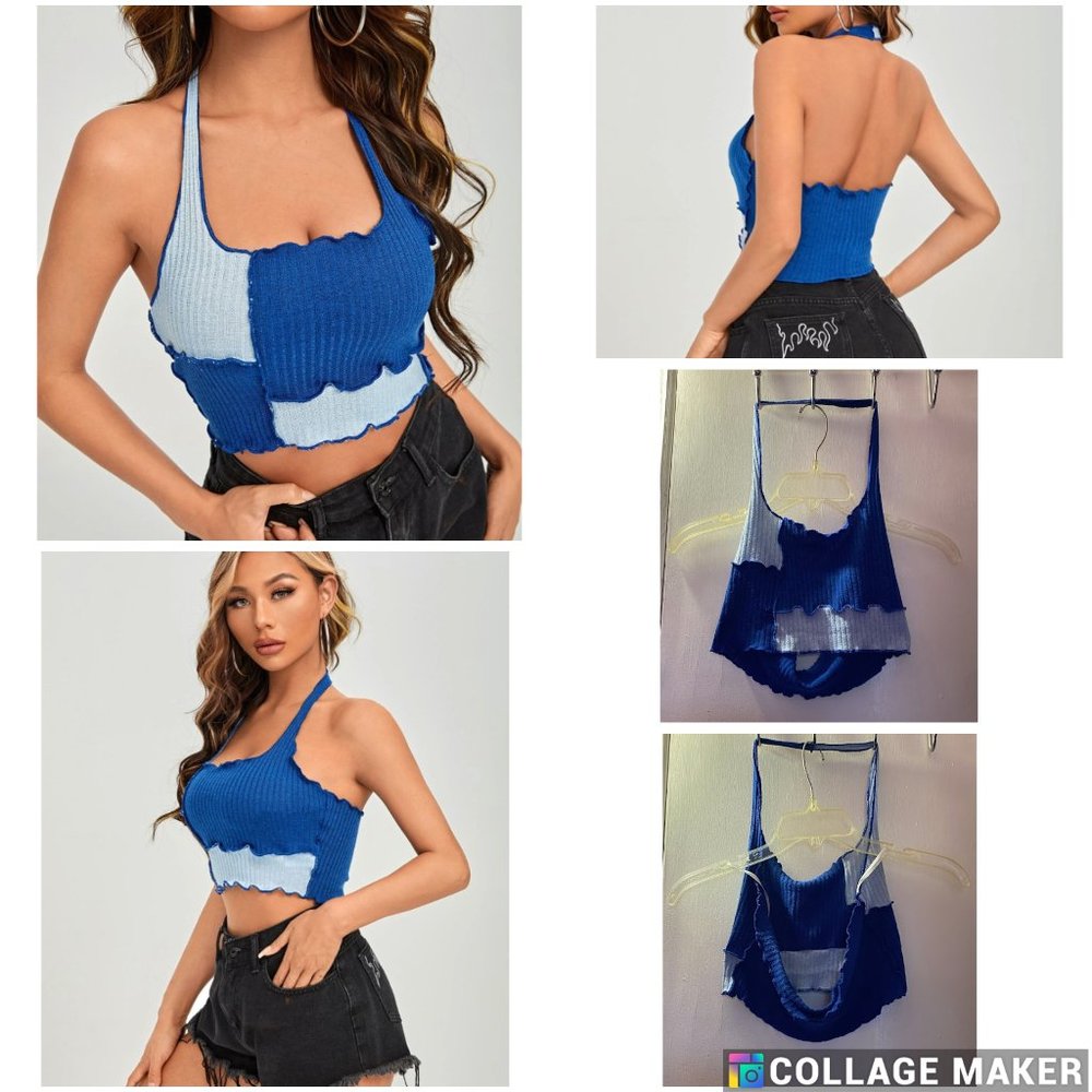PETITE Colorblock Backless Crop Halter Top Blue M6